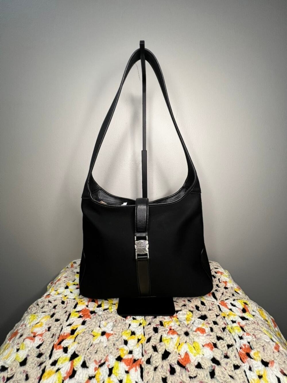 Salvatore Ferragamo Black Nylon Leather Gancini Shoulder Bag Italy